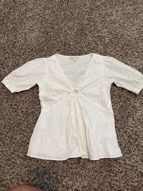 Michael Kors White V-Neck Ring-Front Puff Sleeve Blouse